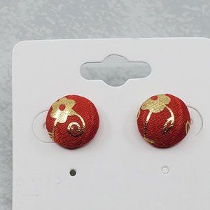 Women's Red Gold Fabric Postback Round Handmade Hypoallergenic Earrings